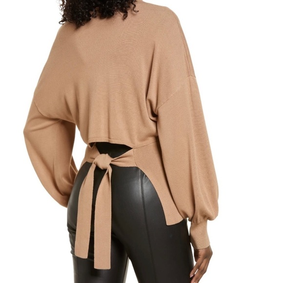 Tie Back Belt Ribbed Mocha Mousse Sweater Mock Neck Billow Sleeve Size L NWT - Picture 2 of 16